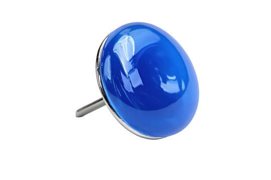 Glossy Blue Orb with Metallic Stem Isolated on Black Background Reflecting Light