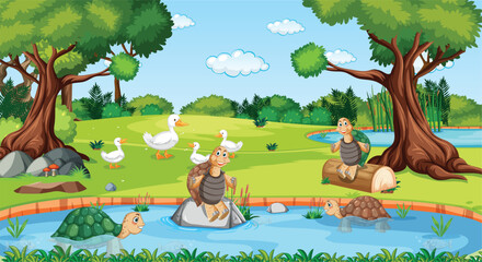 “Cartoon Pond Scene – Forest Illustration with Turtles, Ducks, Trees & Lily Pads for Kids’ Nature Education”