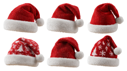 Festive red Santa hats set, high resolution transparent PNG clipart with varied shapes and textures for Christmas designs cards invitations print on demand
