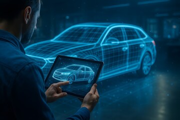 Augmented reality automotive design with engineer reviewing holographic car