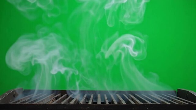 Grill cooking with smoky plumes rising against a vibrant green screen backdrop, perfect for food promotions and culinary content creation