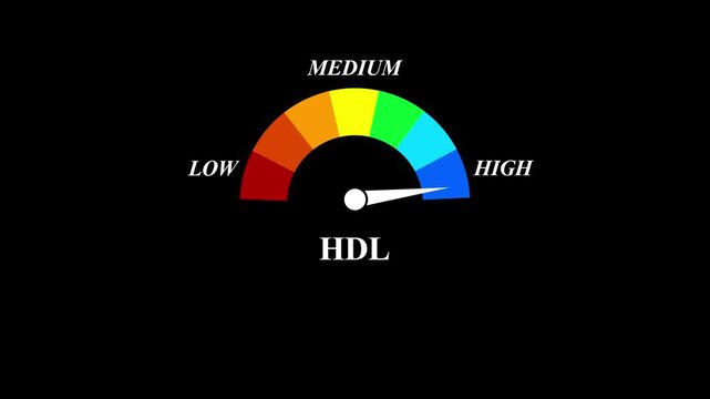 Animated HDL level meter decreasing from normal to low level, ideal for concepts related to low HIGH DENSITY LIPOPROTEIN cholesterol and cardiovascular wellness . 4k video