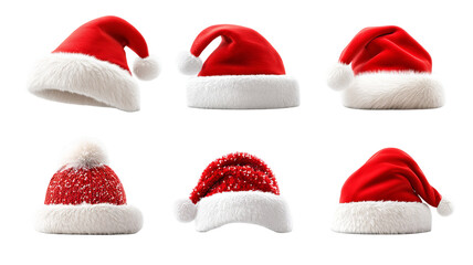 Six classic Santa hat PNGs, high resolution transparent clipart for Christmas designs, cards, invitations, social media, print on demand and festive crafts