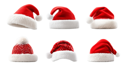 Six classic Santa hat PNGs, high resolution transparent clipart for Christmas designs, cards, invitations, social media, print on demand and festive crafts