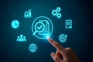 Business document verification with analytics icons and glowing touchscreen