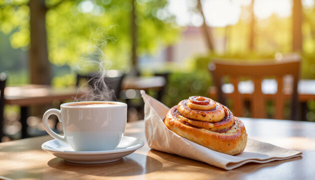 Delicious latte and cinnamon bun on outdoor cafe table, cozy ambiance