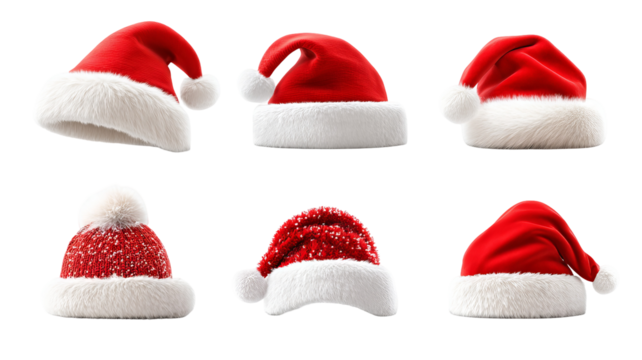 Six classic Santa hat PNGs, high resolution transparent clipart for Christmas designs, cards, invitations, social media, print on demand and festive crafts
