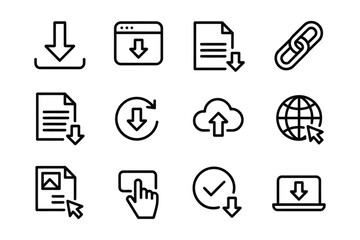 Set of thin line icons representing downloads uploads links and file management operations isolated on white background