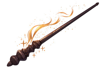 Pixelated Dark Wooden Wand with Glowing Gold Streamers and Sparkles on Black Background