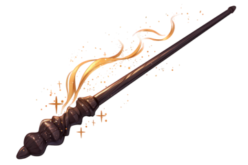 Pixelated Dark Wooden Wand with Glowing Gold Streamers and Sparkles on Black Background