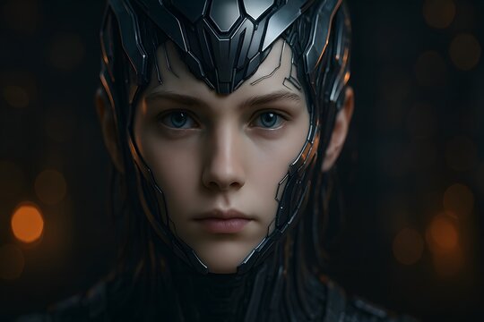 Cinematic closeup portrait of cybernetic human wearing sleek sci fi armor