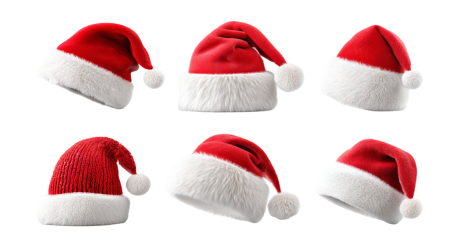 Six classic Santa hat PNGs, high resolution transparent clipart for Christmas designs, cards, invitations, social media, print on demand and festive crafts