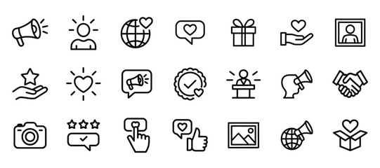 Thin line icons set for brand ambassador marketing and promotion isolated on white background