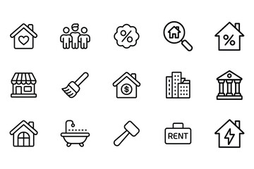 Collection of thin line icons representing real estate concepts and services isolated on white background