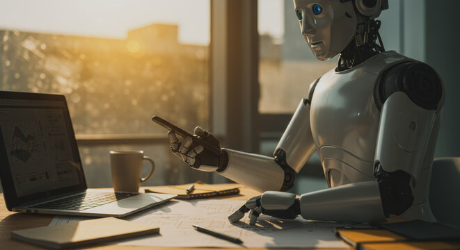 A photorealistic humanoid robot interacts with modern technology. The AI-powered android is engaged in office tasks in a sunlit environment. - Powered by Adobe
