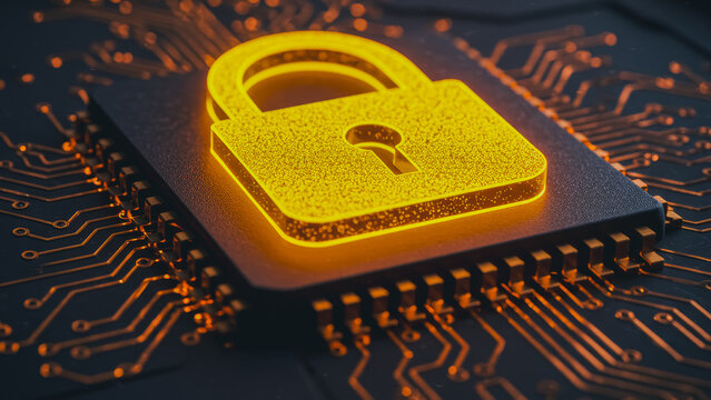 An illuminated padlock on a computer chip, symbolizing data security and digital protection.