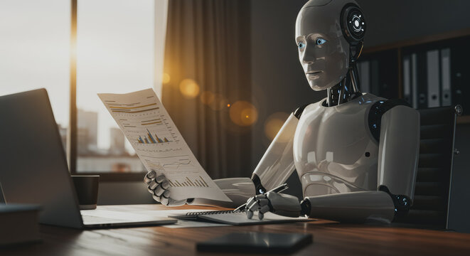 An intelligent humanoid robot sits in a modern office, analyzing financial data with a focused, futuristic expression, and bathed in the warm light of a modern office. - Powered by Adobe