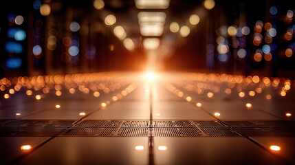 Dynamic data center hallway with bright light and bokeh effect, perfect for technology and futuristic concepts