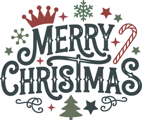 Festive merry christmas typographic design with crown snowflake candy cane tree and stars perfect for holiday greetings