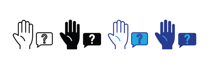 A raised hand with a question mark in a speech bubble, symbolizing asking a question or seeking information, isolated on white background
