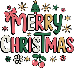 Festive merry christmas typography design with colorful text holly berries snowflakes and a christmas tree for seasonal greetings