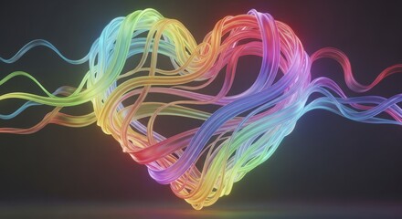 Vibrant Luminous Rainbow Heart Crafted from Intertwined Flowing Abstract Ribbons and Light Trails, Modern 3D Digital Art