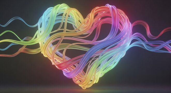 Vibrant Luminous Rainbow Heart Crafted from Intertwined Flowing Abstract Ribbons and Light Trails, Modern 3D Digital Art