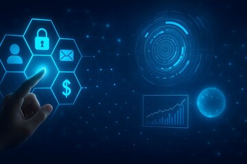 Finger pressing secure option on financial interface with analytics graphics