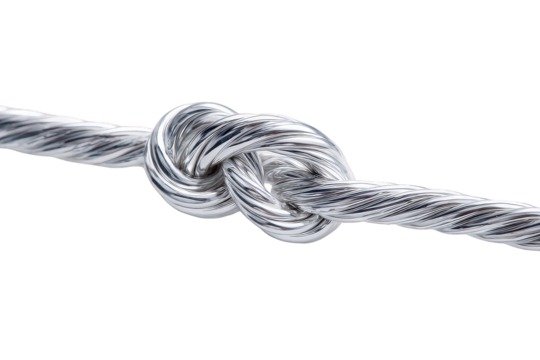 Close Up of Braided Silver Rope Knot Against Black Background with Texture