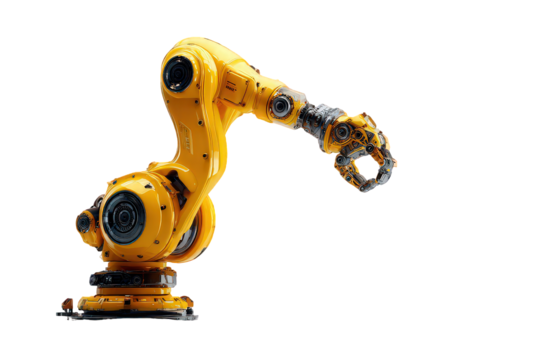 Industrial Robotic Arm On Black Background in Yellow and Gray Color - Powered by Adobe
