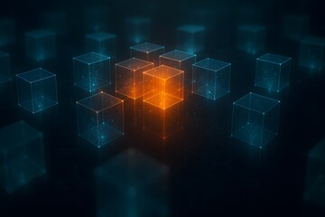 Futuristic blockchain data network with glowing transparent cubes in grid