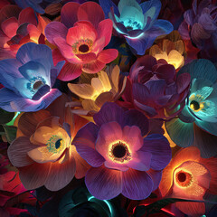 Glowing floral arrangement with vibrant colors a fantasy botanical display perfect for backgrounds and artistic projects