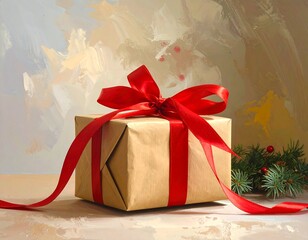 A wrapped gift box with a red bow, set against a textured background