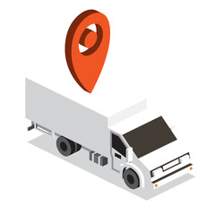 Isometric delivery truck with red location pin. Cargo transportation, logistics, and navigation concept.