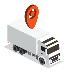 Isometric delivery truck with red location pin. Cargo transportation, logistics, and navigation concept.