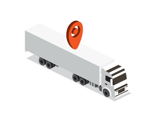 Isometric long truck with red location pin. Cargo delivery, logistics, and transportation concept. Illustration.