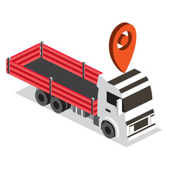 Isometric red flatbed truck with location pin. Cargo transport, delivery, and logistics concept.