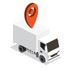 Isometric delivery truck with red location pin. Cargo transport, logistics, and navigation concept.