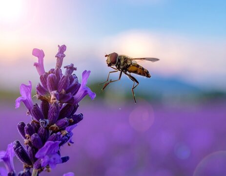 Bee hovering near a purple lavender flower with a blurred field background