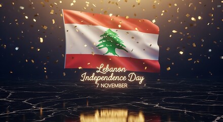 Lebanon Independence Day Celebration with Flag and Golden Confetti on Marble