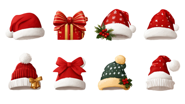 Christmas hat vector icon bundle high resolution transparent PNG clipart set isolated on white for cards stickers invitations print on demand and festive designs
