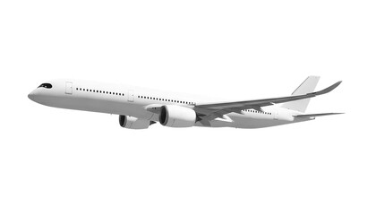 White airplane Airbus A350 side view angle isolated on a transparent background. Modern passenger jet airplane.