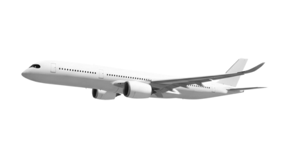 White airplane Airbus A350 side view angle isolated on a transparent background. Modern passenger jet airplane.