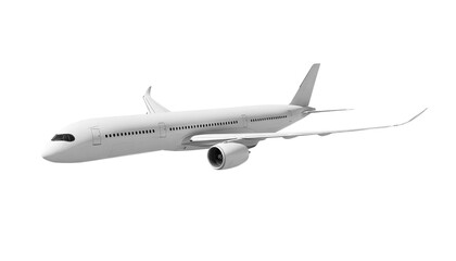 White airplane Airbus A350 front corner view angle isolated on a transparent background. Modern passenger jet airplane.