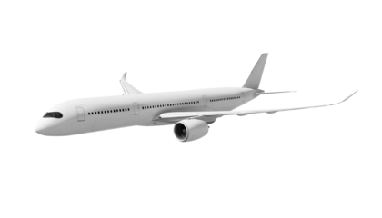 White airplane Airbus A350 front corner view angle isolated on a transparent background. Modern passenger jet airplane.