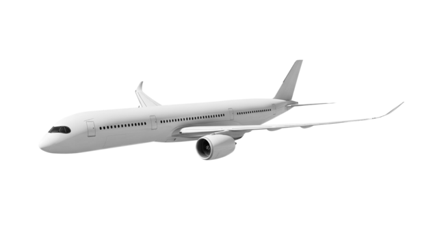 White airplane Airbus A350 front corner view angle isolated on a transparent background. Modern passenger jet airplane.