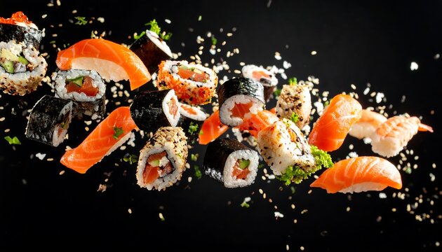 Delicious Sushi Art Assorted Sushi Rolls  Nigiri Flying on Black Backdrop.