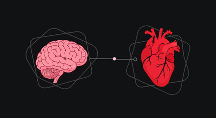 A stylized illustration depicting a pink brain and a red heart connected by a line, symbolizing the mind-body connection on a dark background.