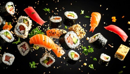 Delicious Sushi Rolls Flying on a Black Background Japanese Cuisine.