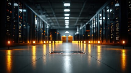 Immersive data center corridor with glowing server racks and ambient orange lighting creates a futuristic, high-tech environment for digital innovation